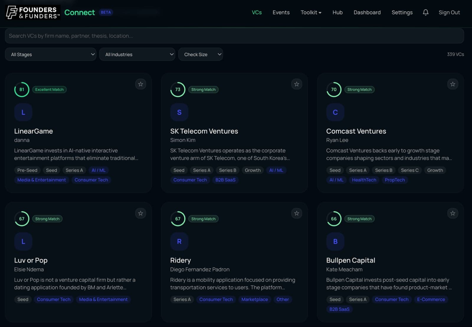 F&F Connect from the inside: the VC directory with 100-point F&F Scores and match badges on each fund