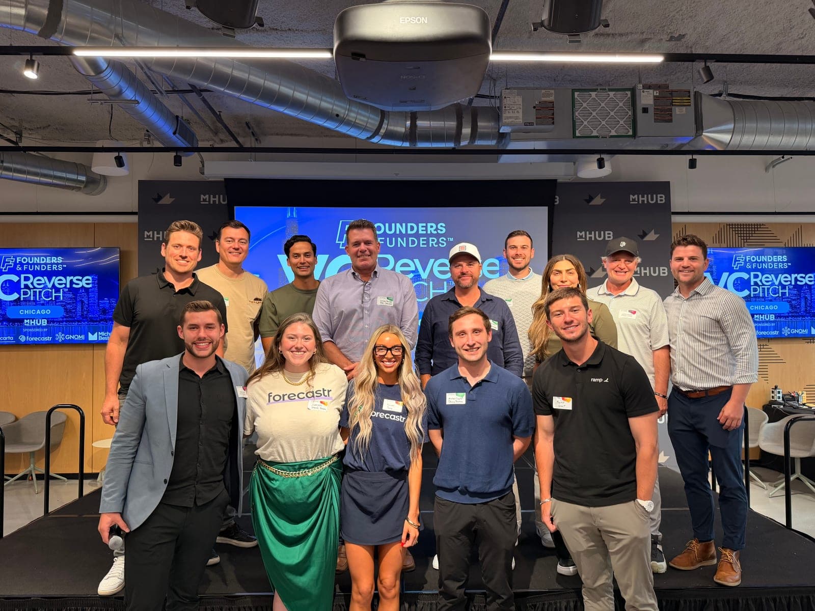 Founders and funders gathered for a group photo at the Chicago VC Reverse Pitch